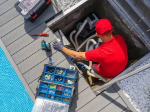 Technicien intervenant sur le local technique d’une piscine lors d’une formation maintenance piscine